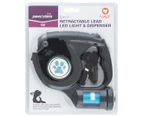 Paws & Claws 5m 3-In-1 Retractable Lead, LED Light & Bag Dispenser - Black