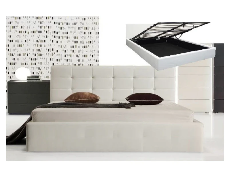 Istyle Milan Queen Gas Lift Ottoman Storage Bed Frame Pu Leather White