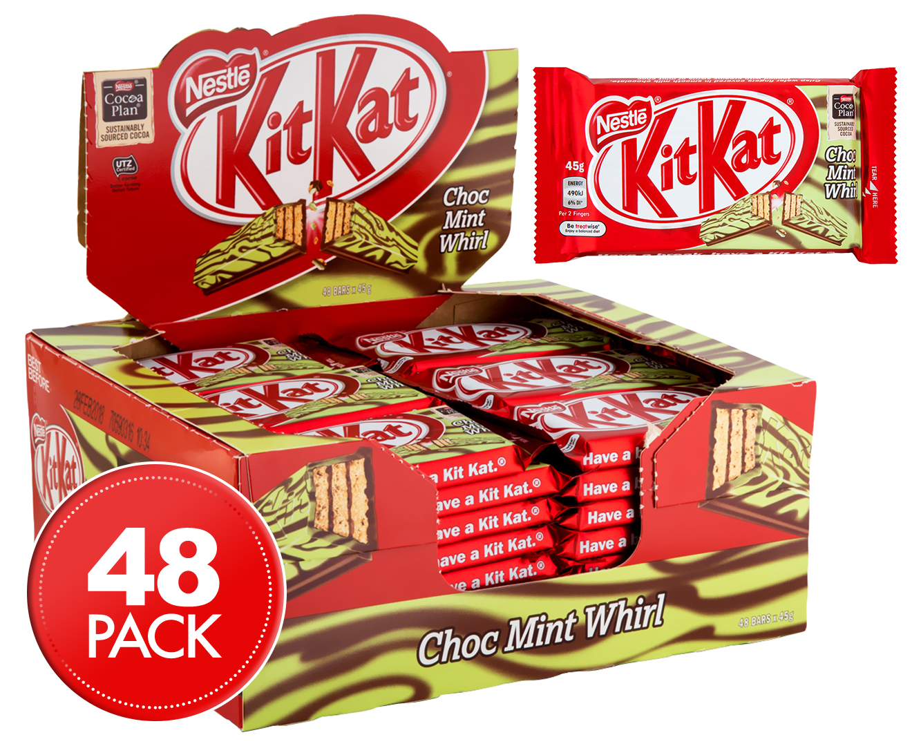 48 X Nestlé Kitkat Choc Mint Whirl Bars 45g Au