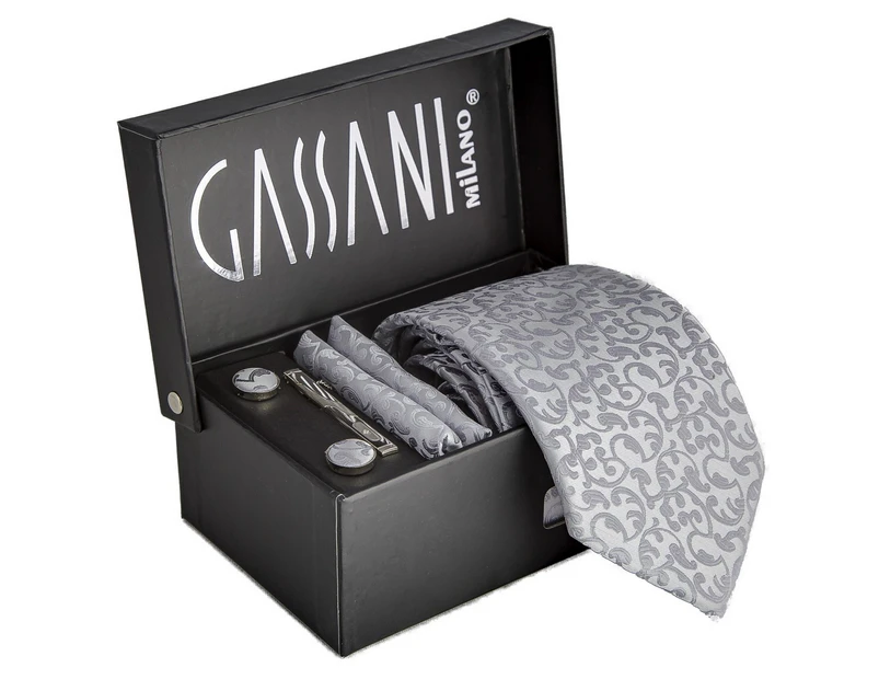 GASSANI Silver Jacquard Necktie, Pocket Square Cufflinks & Tie Bar Gift Set