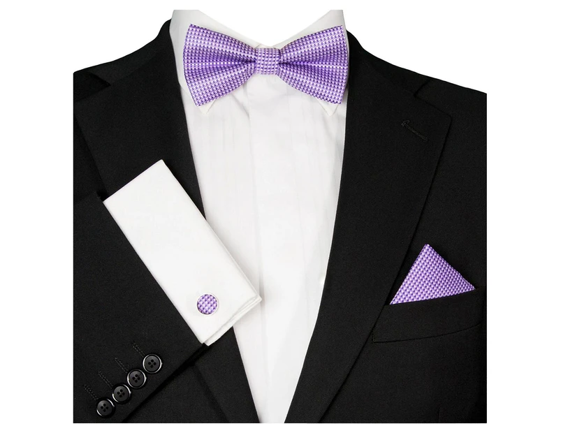 GASSANI Mens Violet Purple Check Bow Tie, Pocket Square & Cufflinks Set