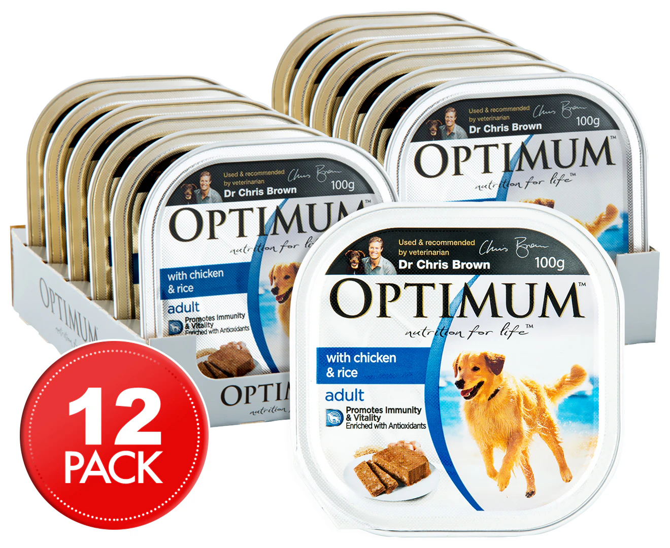 12 x Optimum Dog Food Chicken & Rice Tray 100g