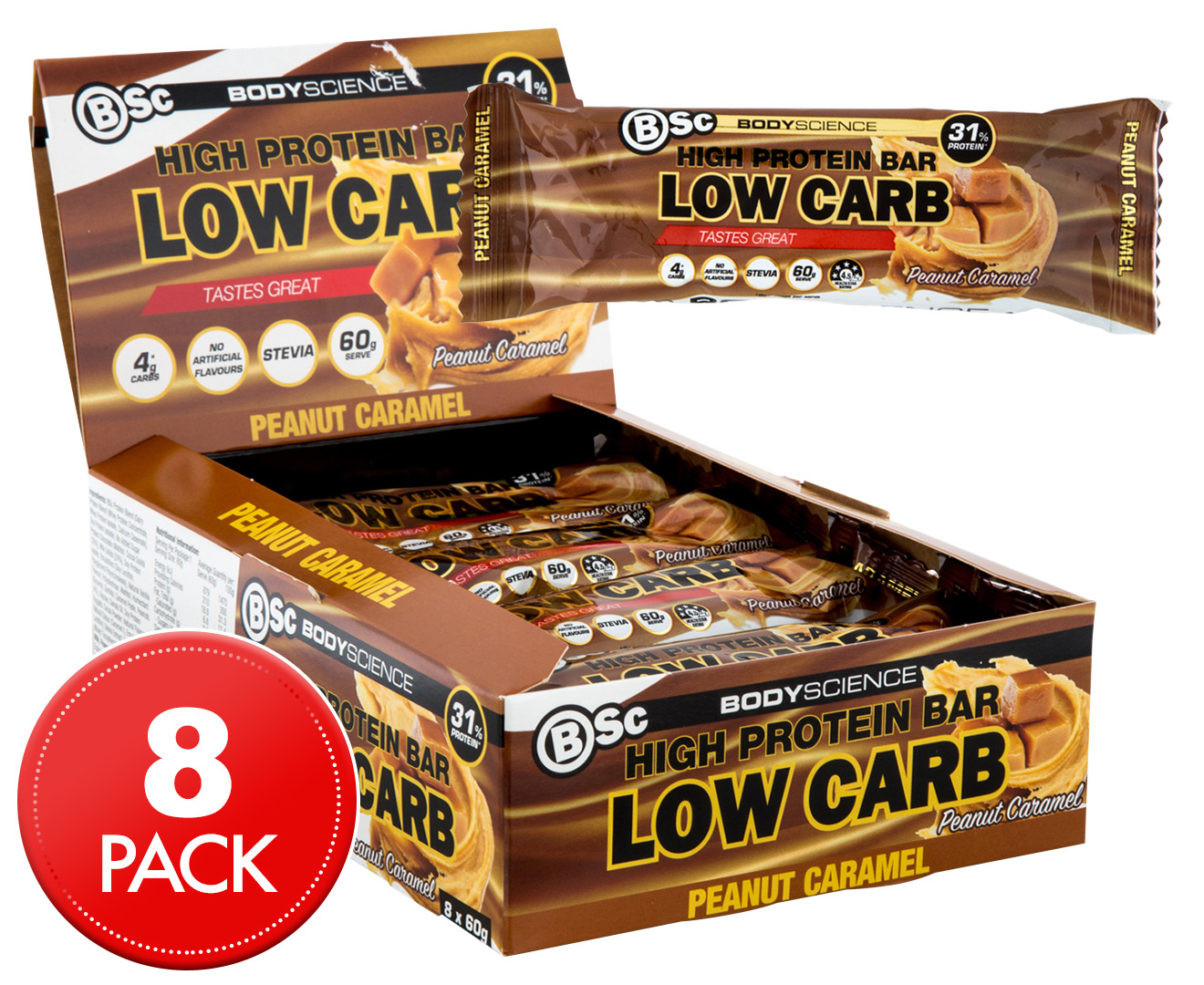 8 X Bsc High Protein Low Carb Bars Peanut Caramel 60g Au 9742