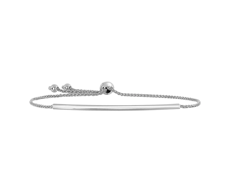 14K White Gold Diamond Cut Round Wheat Adjustable Bracelet With Shiny Arched Bar Center Element , 9" - White
