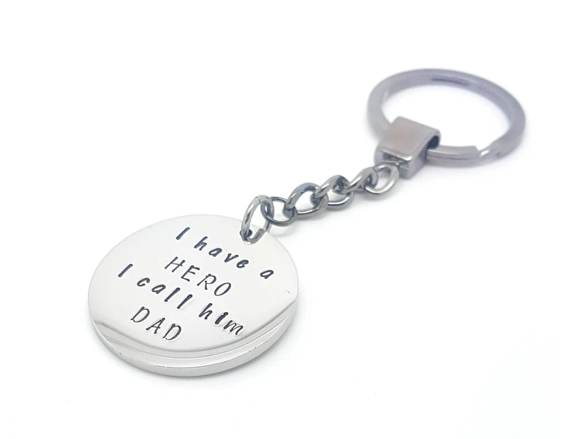 Coorabell Crafts Keyring Gift for Dad Silver round disk inscribed "I have a HERO I call him DAD"