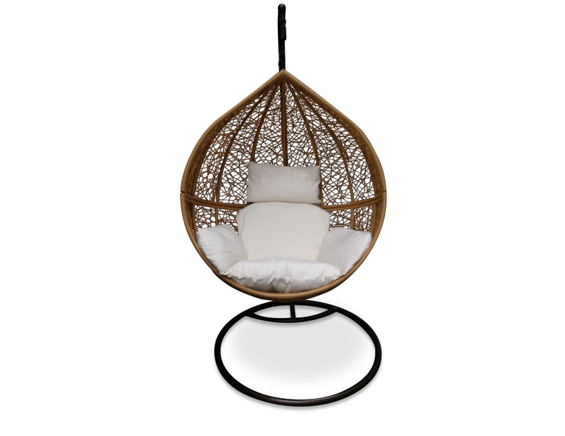 Light Brown Hanging Ball Chair With White Cushions