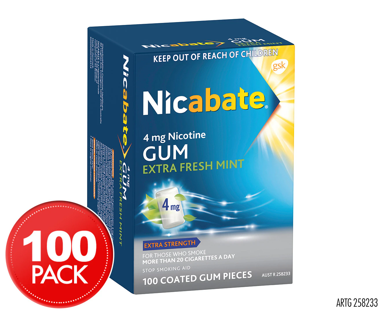 Nicabate Gum Stop Smoking Nicotine 4mg Extra Strength Extra Fresh Mint Coated Chewing Gum 100 Pack