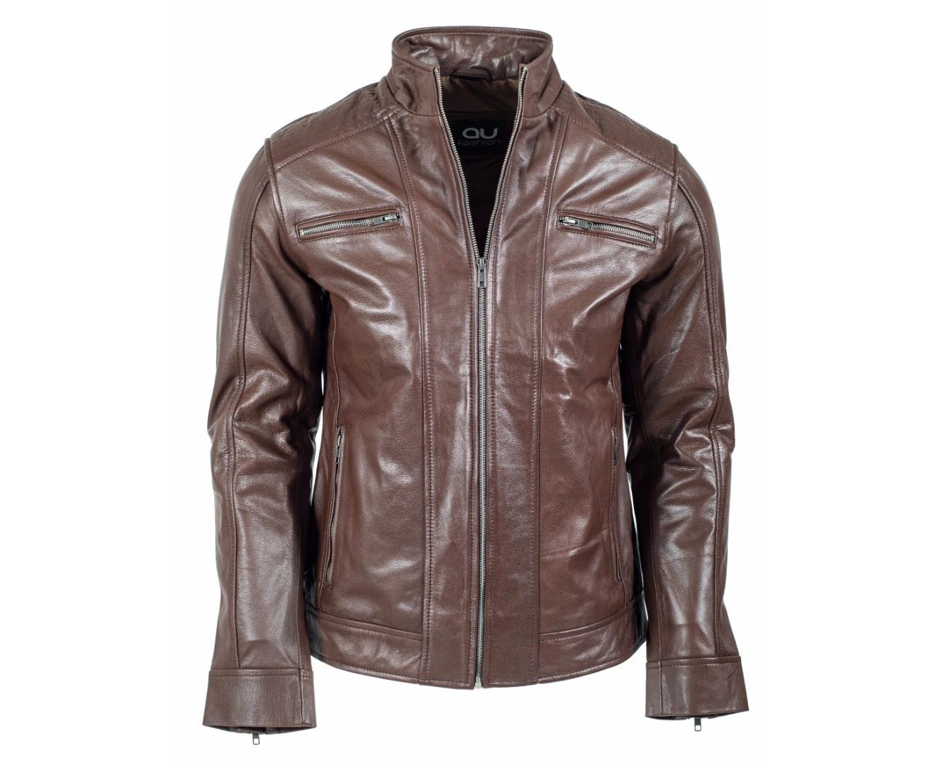 AU Fashion Men's Biker Sheepskin Leather Jacket Brown