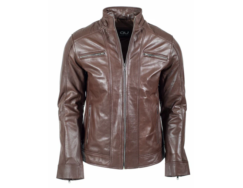 AU Fashion Men's Biker Sheepskin Leather Jacket Brown