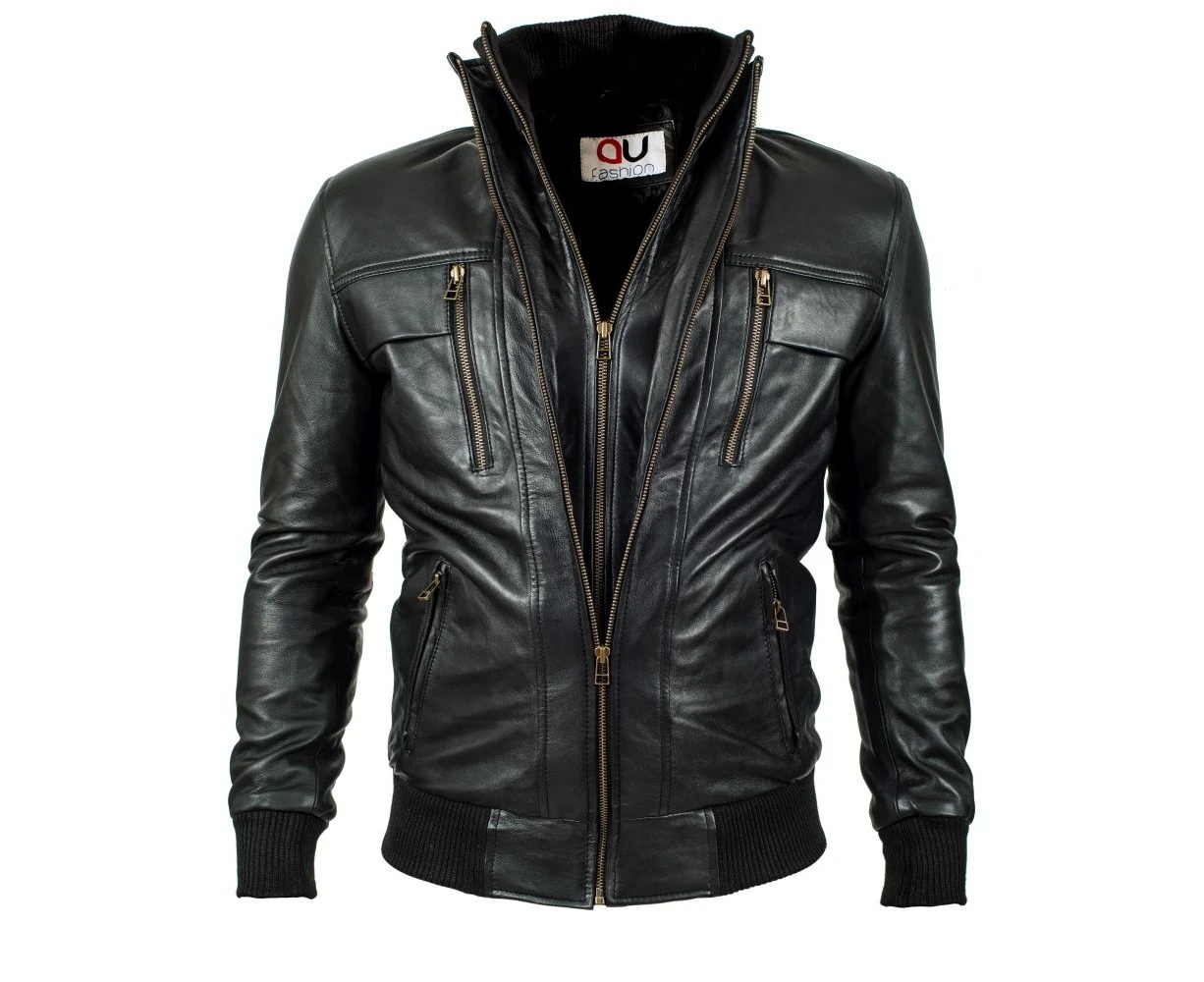 AU Fashion Men's Avalon Sheepskin Leather Jacket Black