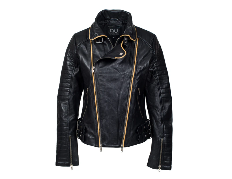 AU Fashion Women's Biker Black Sheepskin Leather Jacket Black