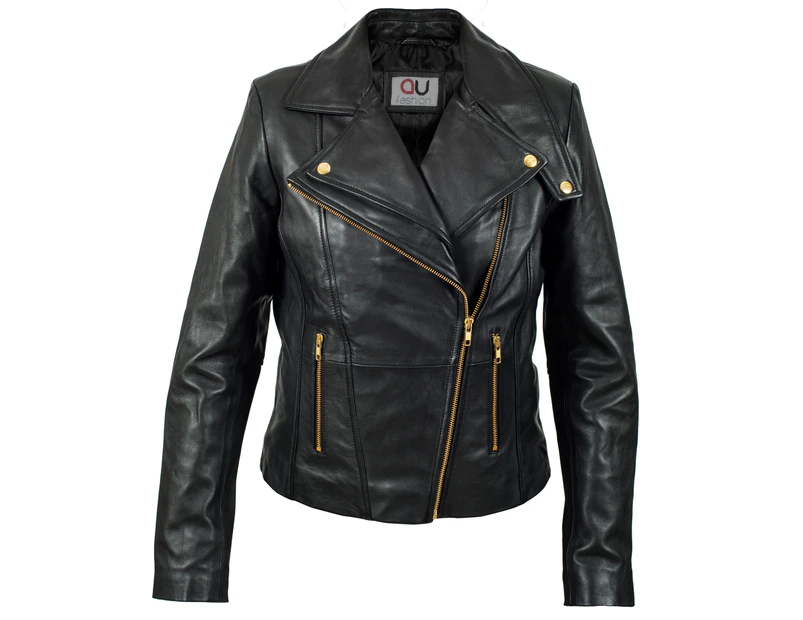 AU Fashion Women's Barbera Sheepskin Leather Jacket Black