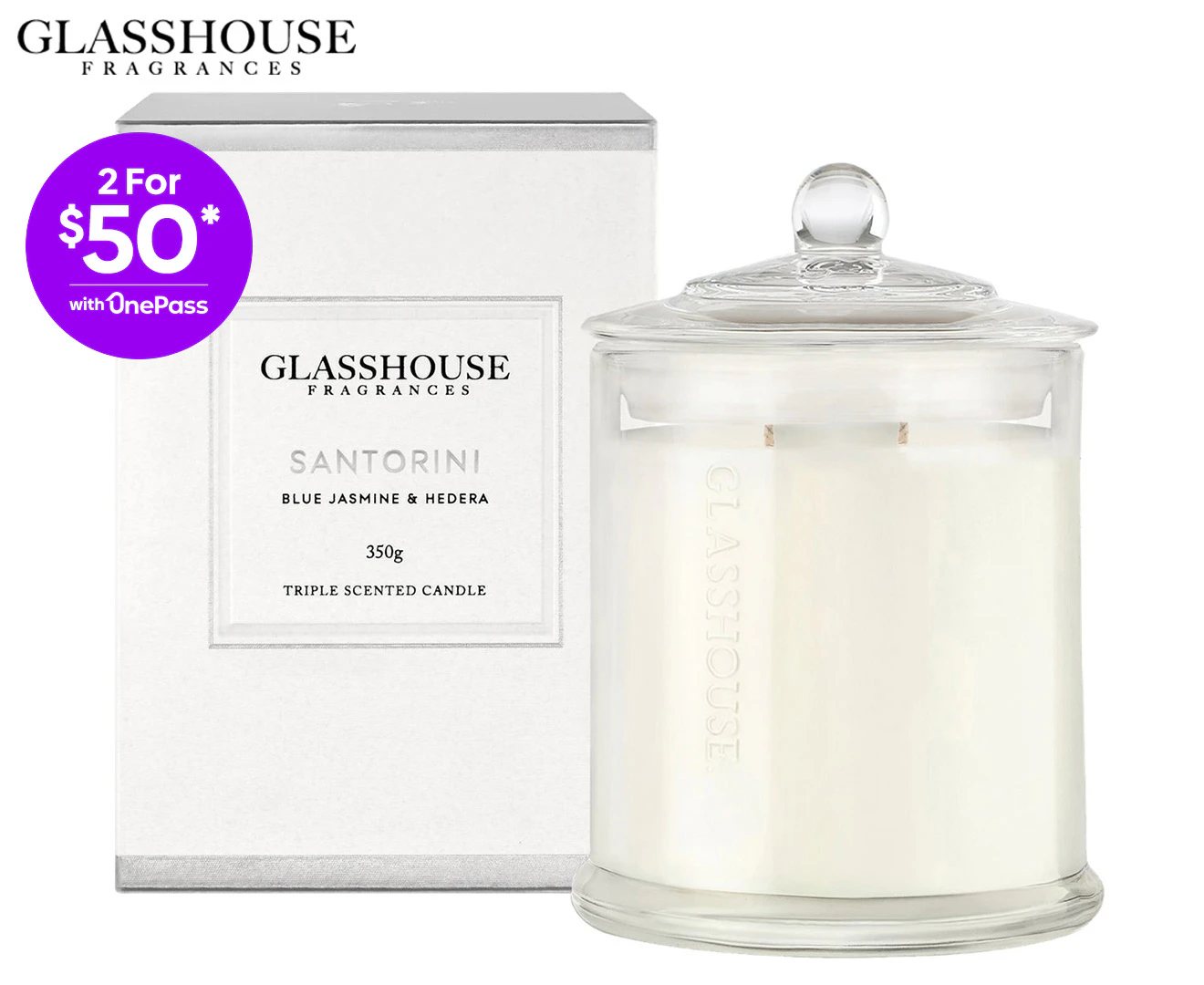 Glasshouse Santorini Blue Jasmine & Hedera 350g Triple Scented Candle