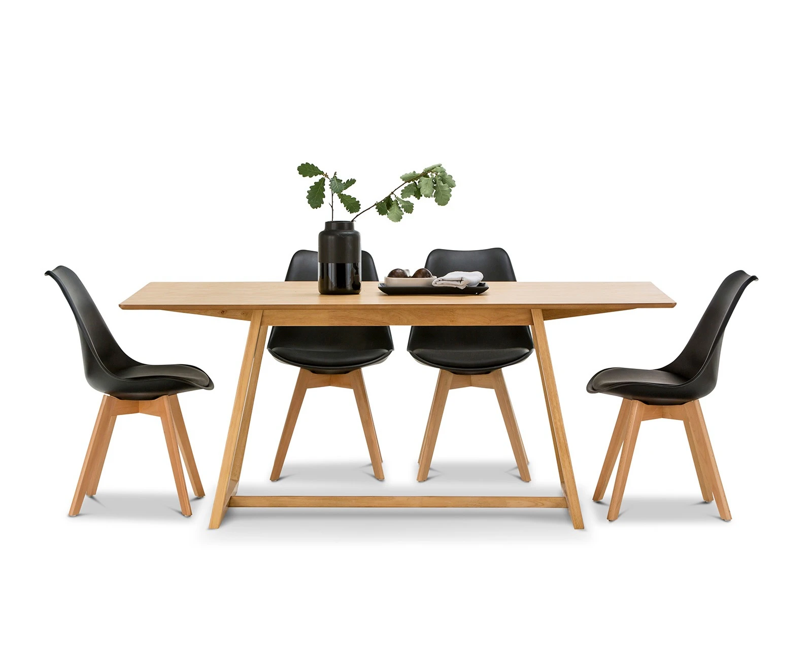 Scandinavian Inspired Light Oak Timber Rectangular 1.8m Dining Set with 6x Padded Black Eames Chairs