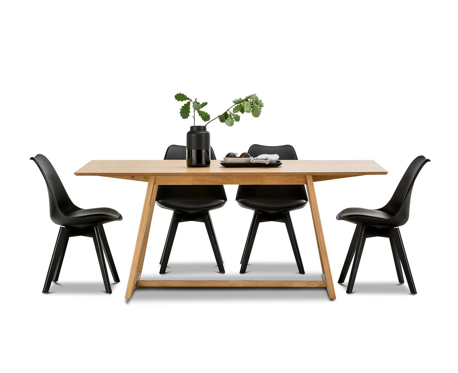 Scandinavian Inspired Light Oak Timber Rectangular 1.8m Dining Set with 6x All Black Padded Eames Chairs