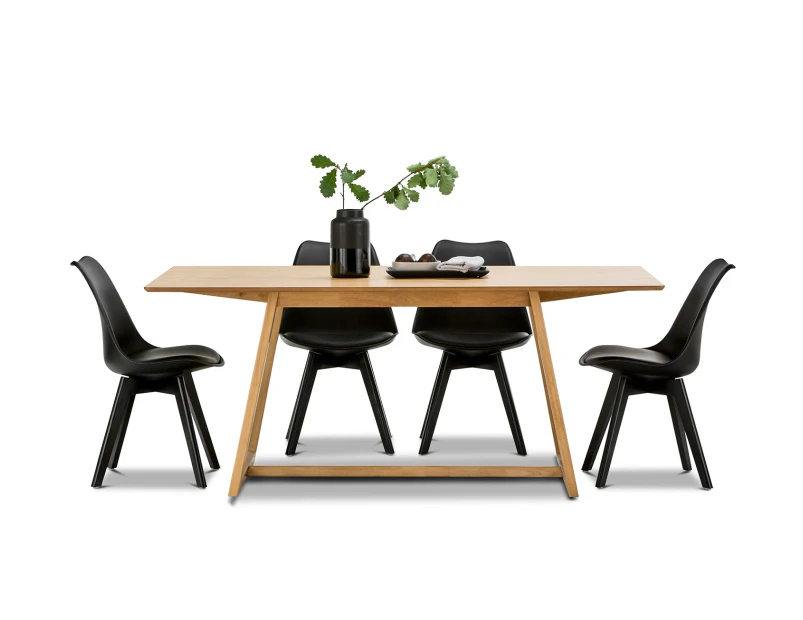 Scandinavian Inspired Light Oak Timber Rectangular 1.8m Dining Set with 6x All Black Padded Eames Chairs