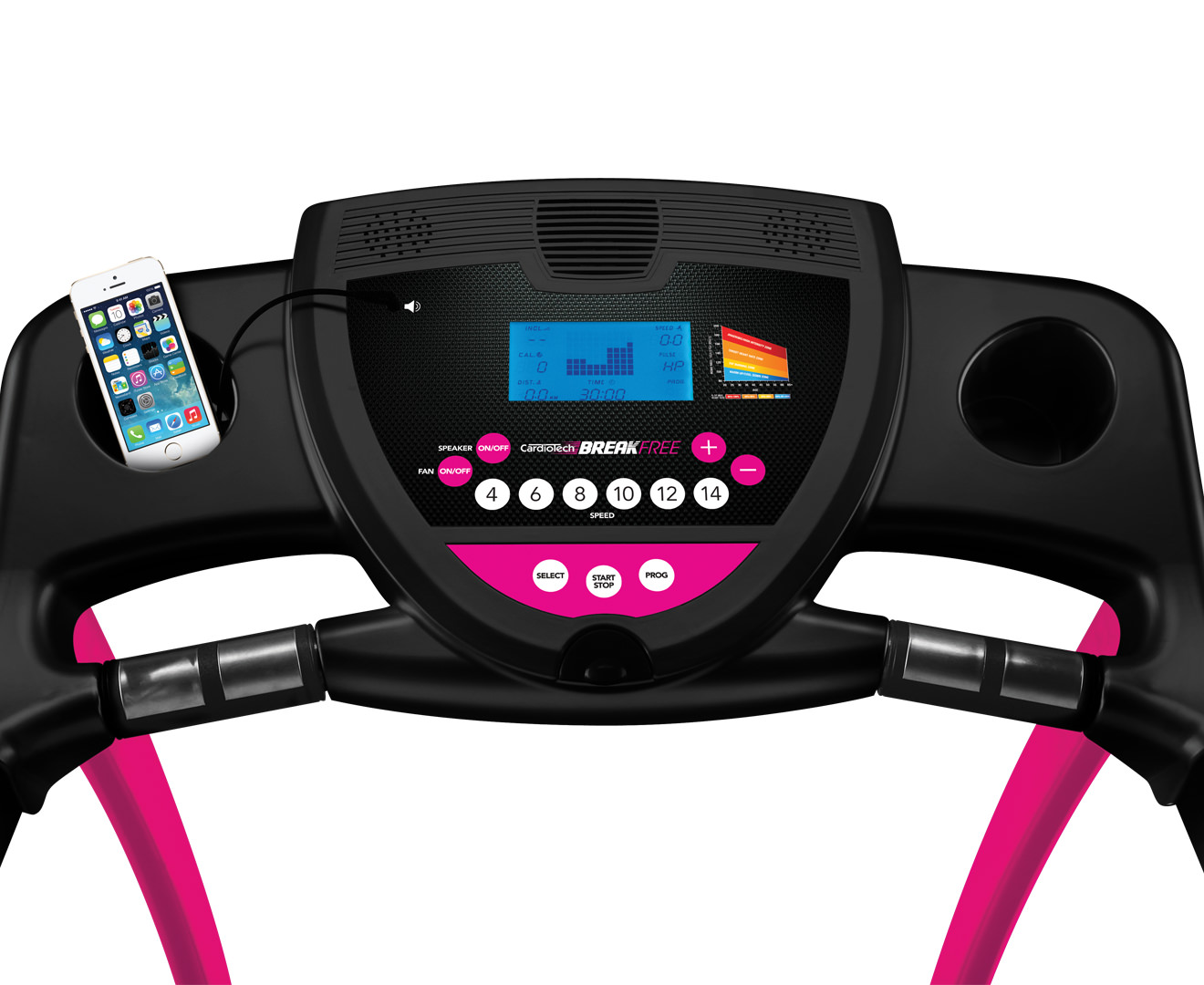 CardioTech Breakfree Hot Pink Treadmill With Fan And Smart Phone MP3 Compatible Speakers Catch