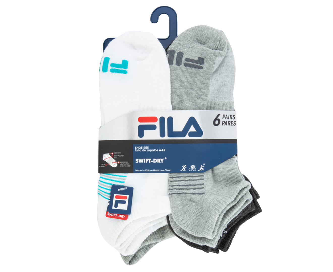 FILA Men's Size 6-12 Half Cushioned No Show Sock 6-Pack - Grey/White ...