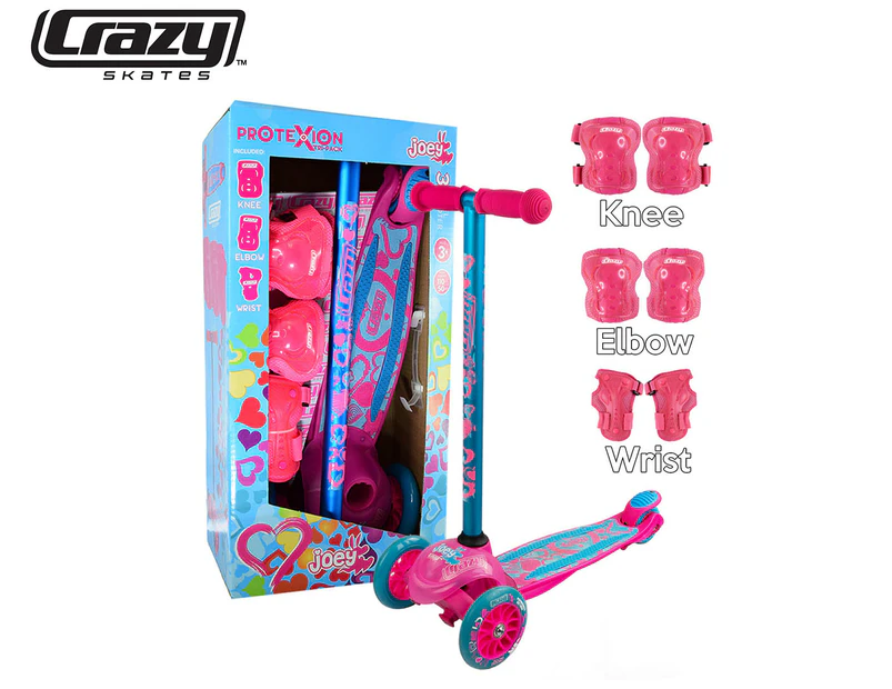 Crazy Skate Co. Kids' Joey Hearts Scooter w/ Protexion Tri-Pack Pads - Pink/Teal