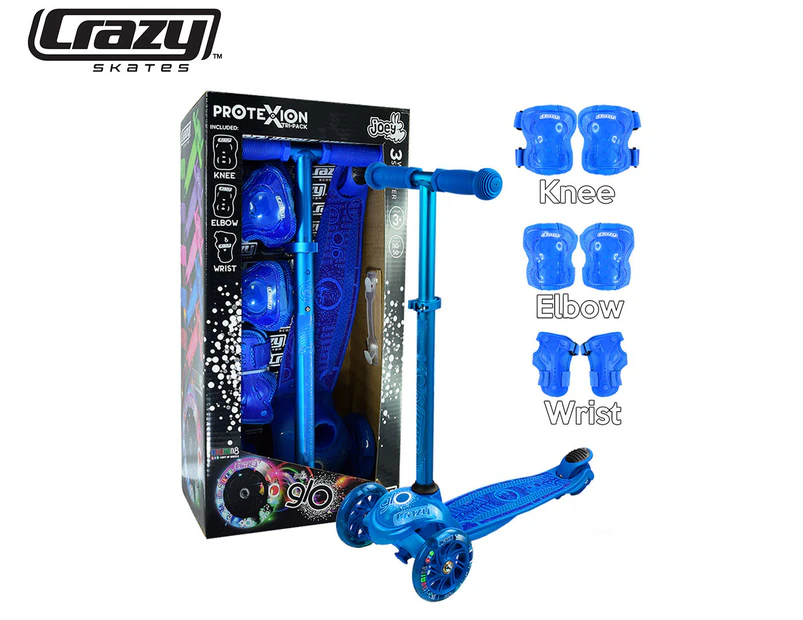 Crazy Skate Co. Kids' Joey Glo Scooter w/ Protexion Tri-Pack Pads - Blue