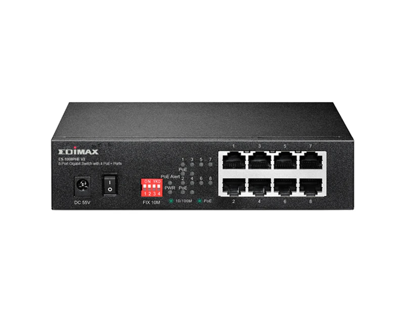 EDIMAX 8 Port 10/100 Switch         w/ 4x PoE+ Ports (48Wmax) 802.3at compliant. PoE autodetect. Plug &  play. Fan-less, compact desigh.