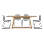 Scandinavian Inspired Light Oak Timber Rectangular 1.8m Dining Set with 6x Grey Fabric Black Sleigh Leg Dining Chairs