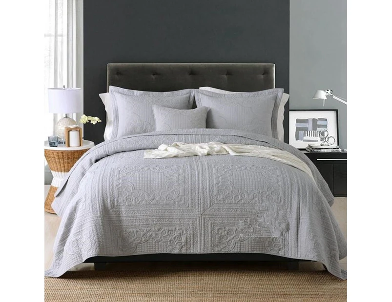 Luxury Quilted 100% Cotton Coverlet / Bedspread Set King / Super King Size Bed 240x270cm Square Grey