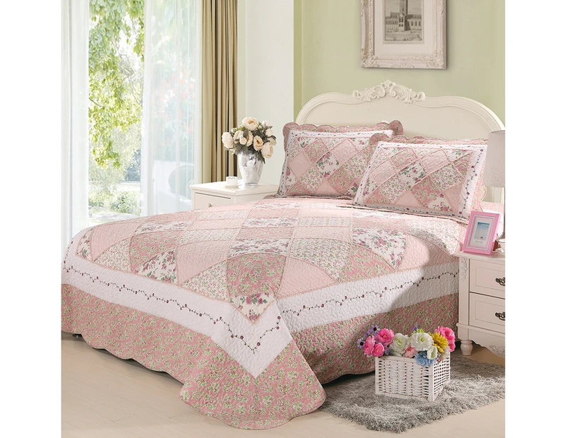 Luxury Quilted 100% Cotton Coverlet / Bedspread Set Patchwork Quilt Queen King Size Bed 230x250cm Pink