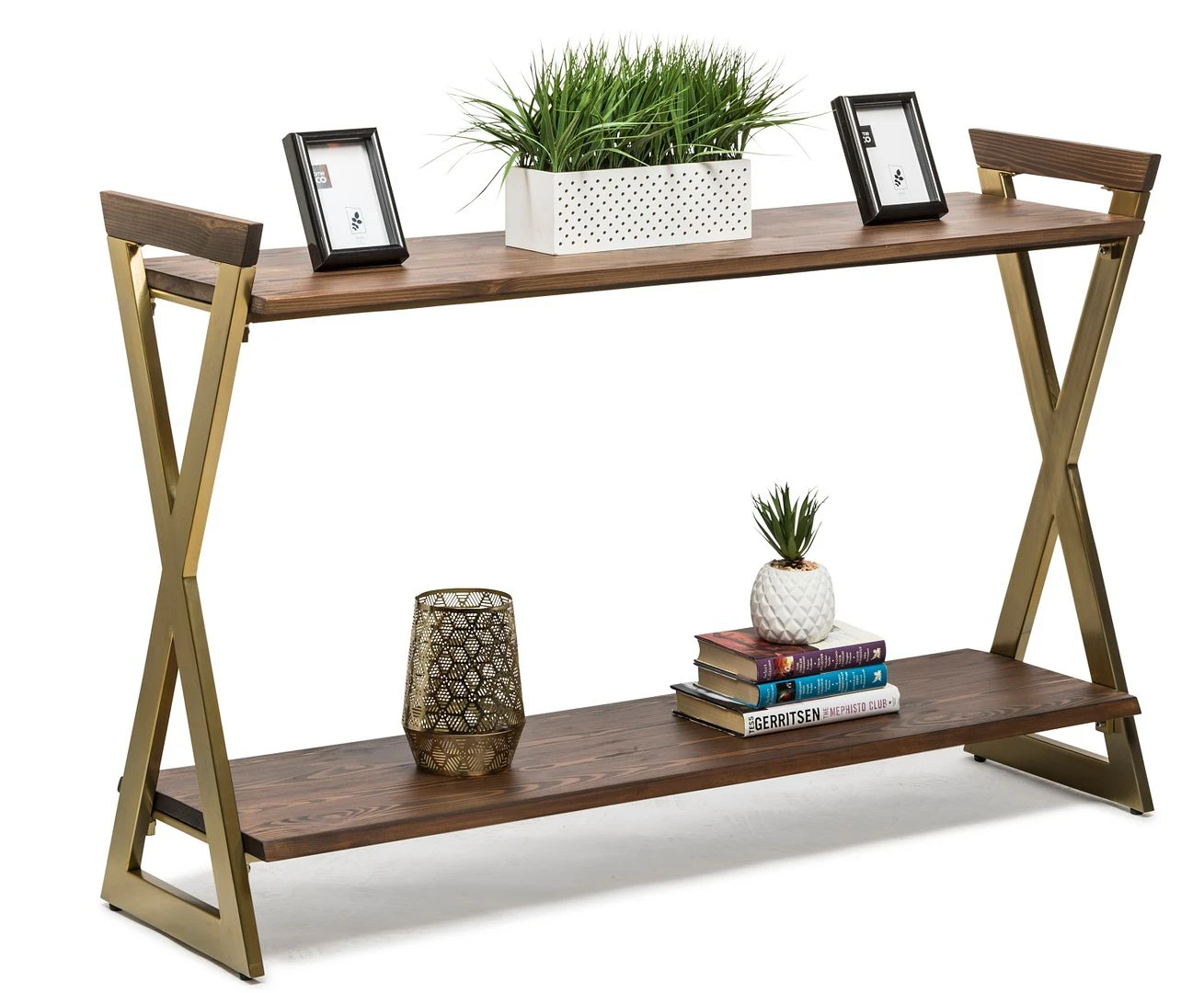 2 Tier Wooden Console Table - Brass Finish