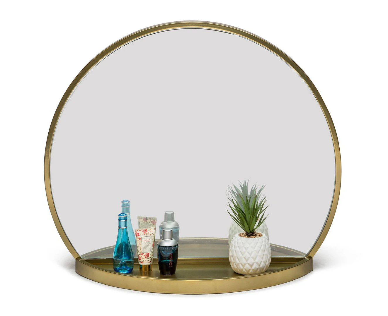 Round Golden Iron Wall Mirror with Shelf