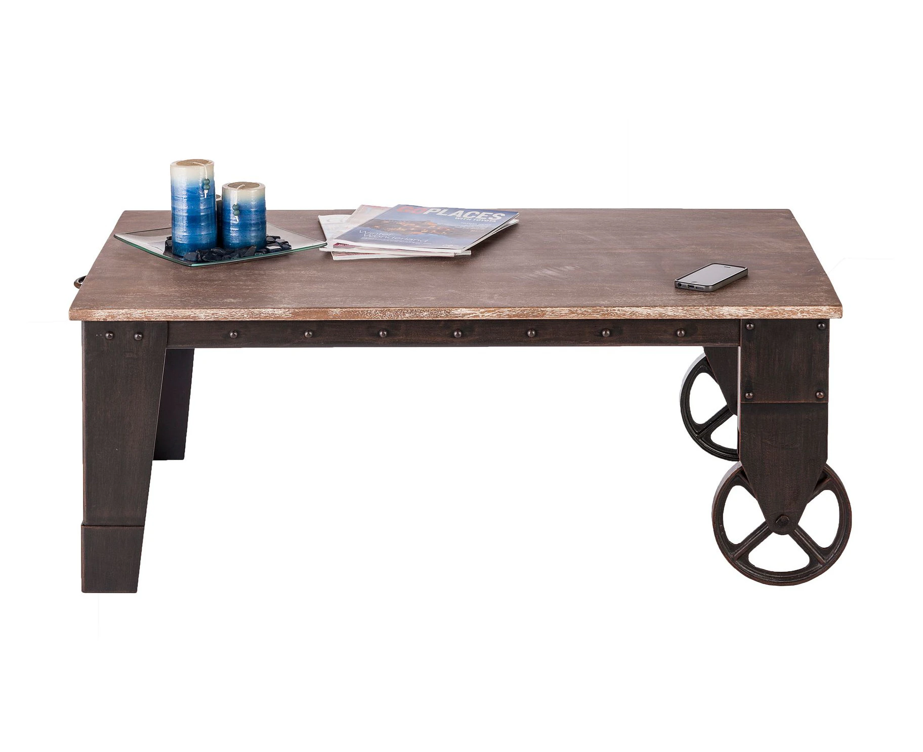 Industrial Wooden Top Coffee Table on Wheels