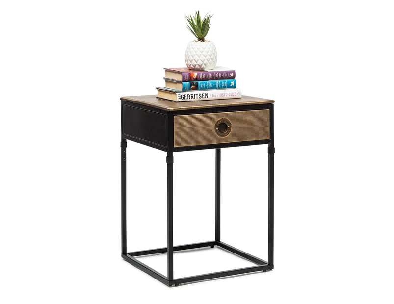 Modern Black Side Table with Drawer - Textured Gold Top
