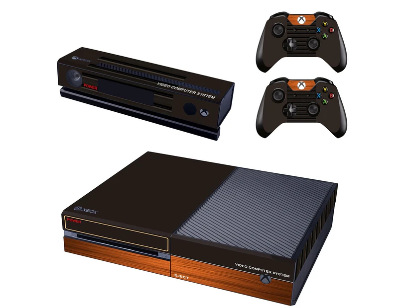 REYTID Console Skin / Sticker + 2 x Controller Decals & Kinect Wrap Compatible with Microsoft Xbox One - Full Set - Black Light Wood Effect - Black