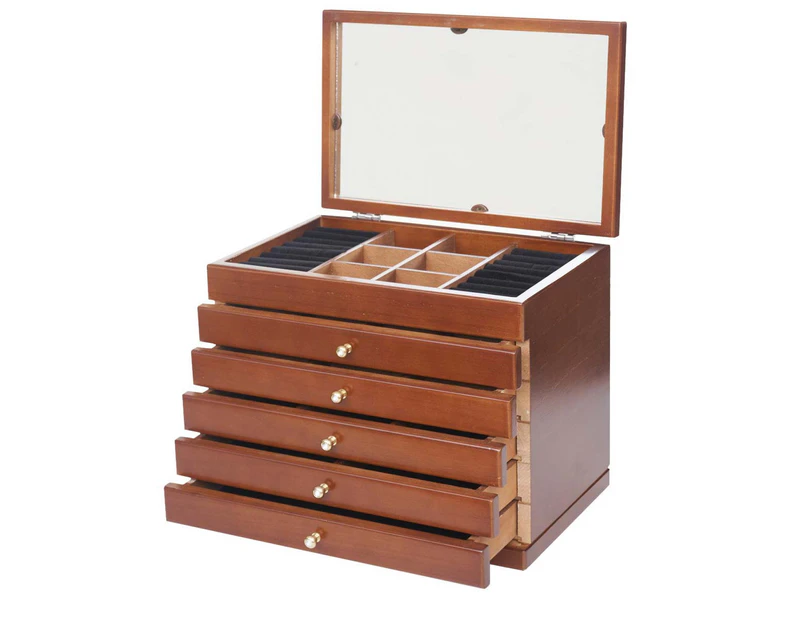 Wooden Large Jewellery Box brown storage case 5 levels w/mirror