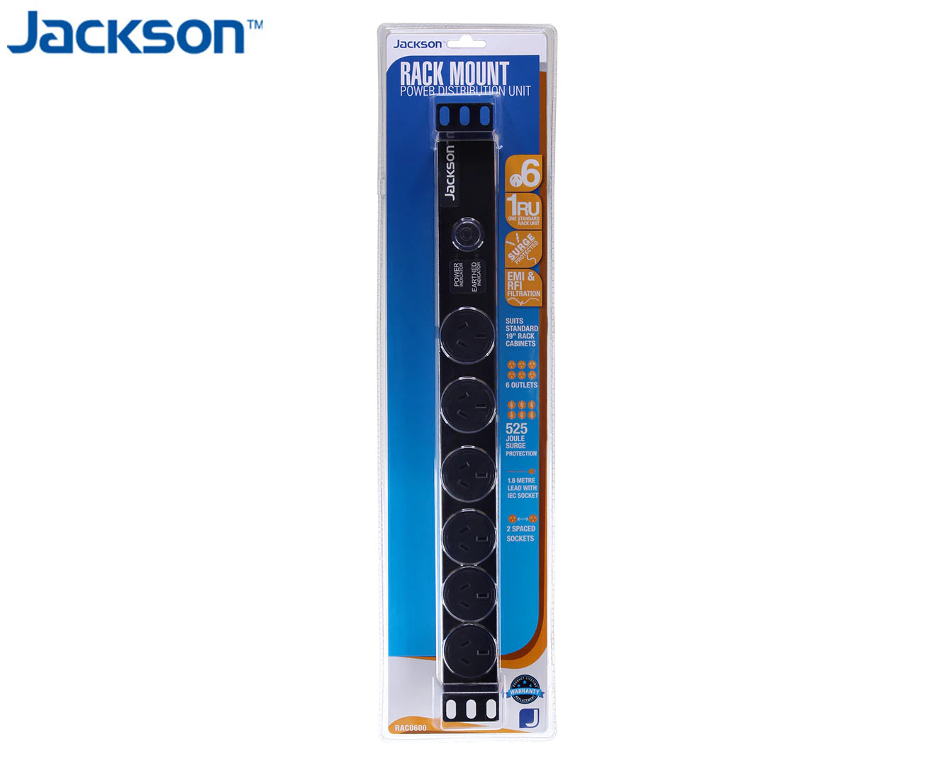 Jackson RAC0600 1RU 6 Outlet Horizontal Power Rail Surge Protected 525J - 10A [RAC0600]