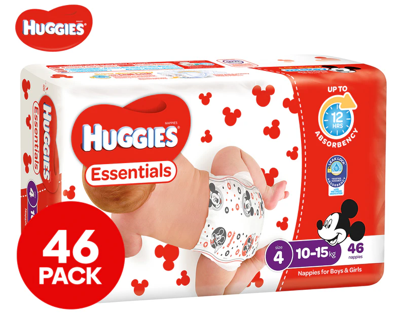 Huggies Essentials Nappies Toddler Size 4 10-15kg Nappies 46pk