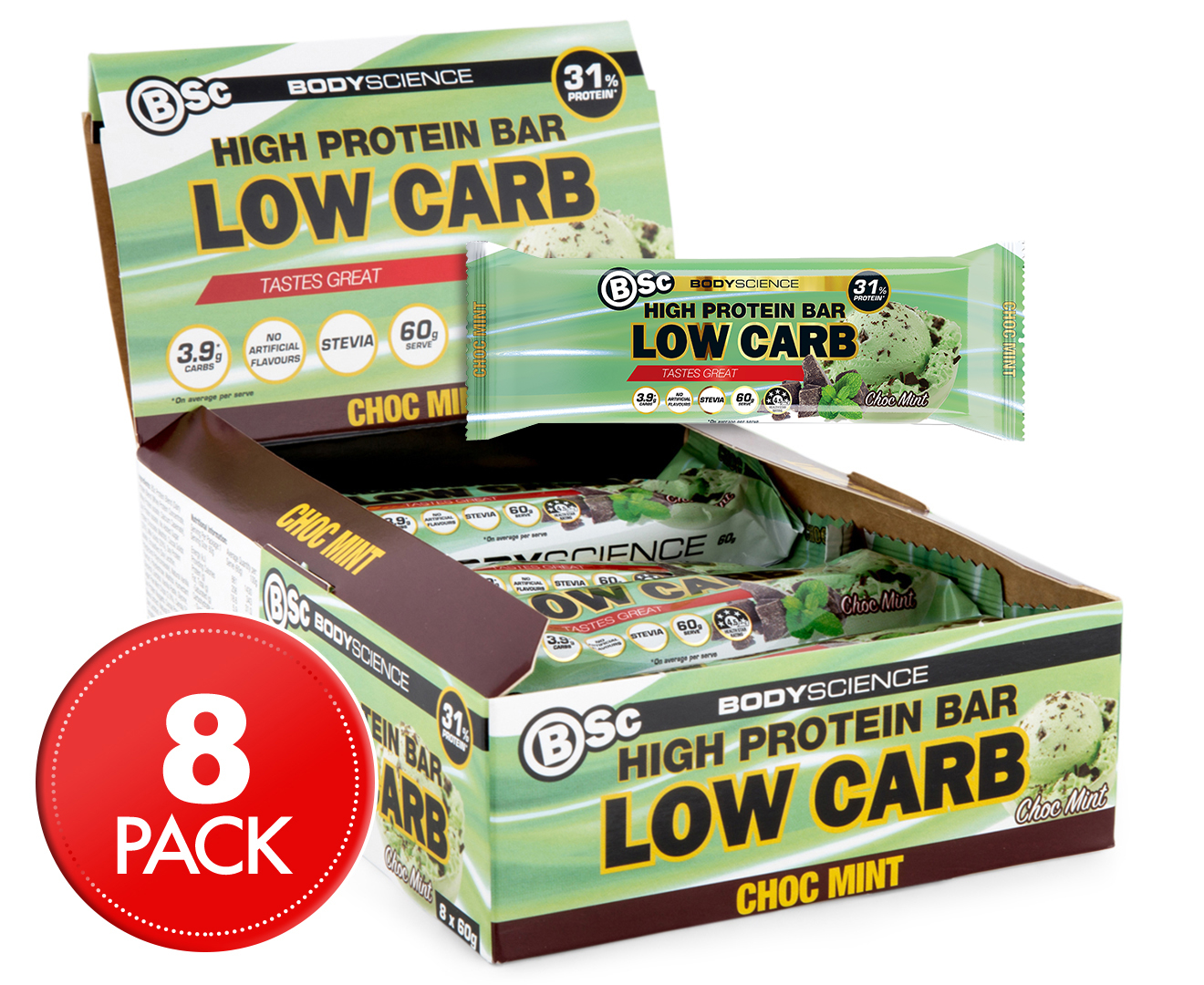 8 x BSc High Protein Low Carb Bars Choc Mint 60g | GroceryRun.com.au