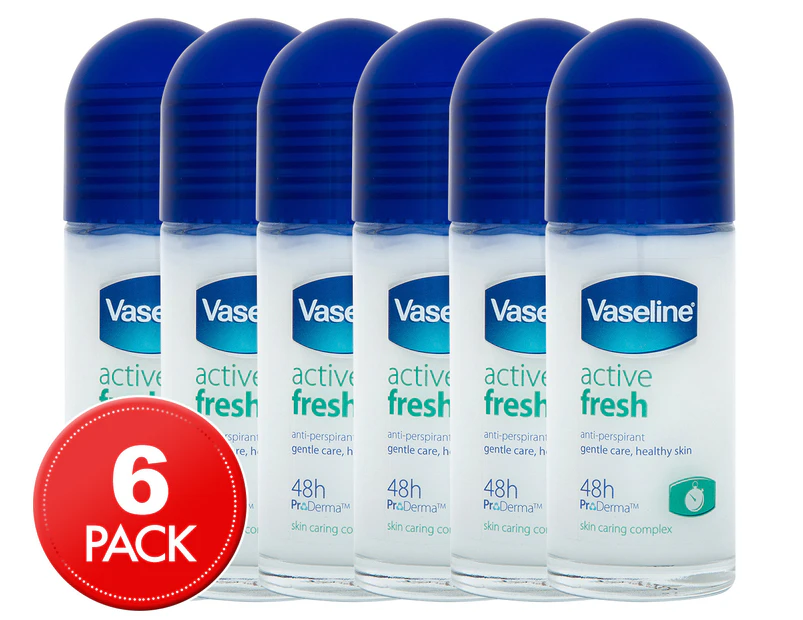 6 x Vaseline Antiperspirant Roll On Active Fresh 50mL