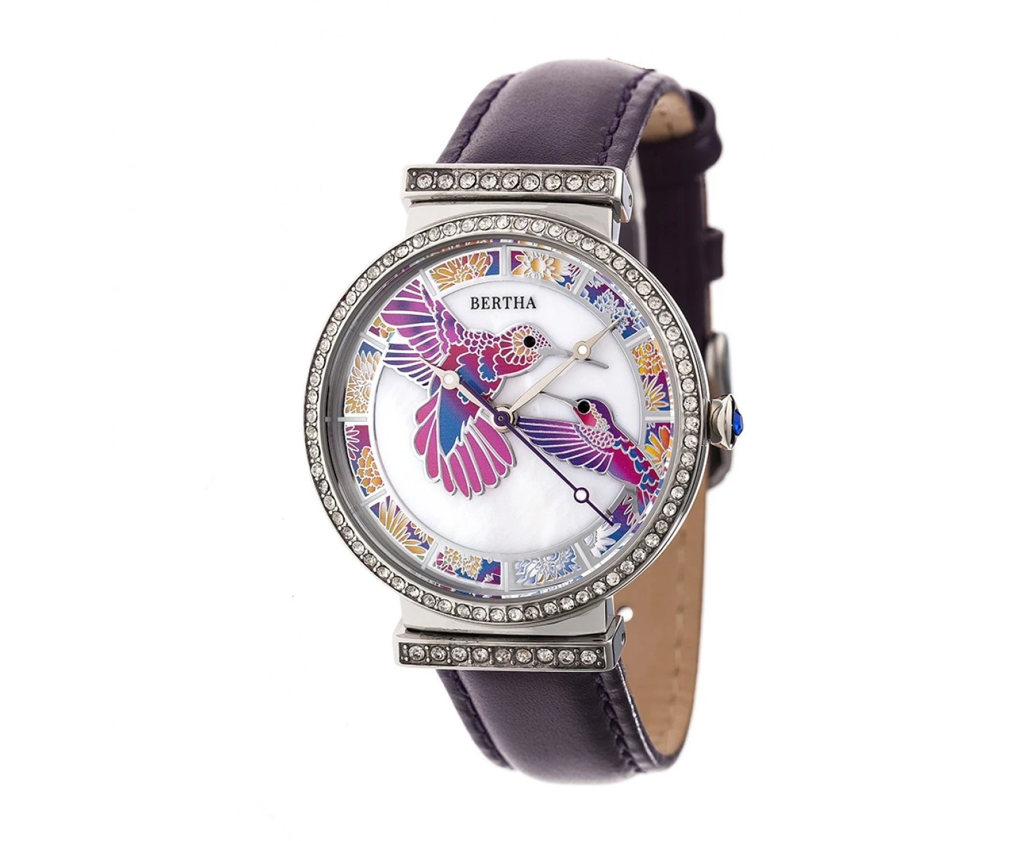 Bertha Emily MOP Leather-Band Watch - Silver/Purple