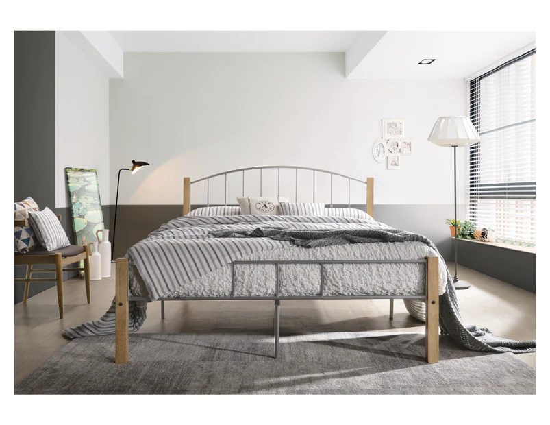 POLO King Metal Bed Frame w/ Solid Rubberwood Pole - Natural + Silver