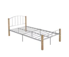 POLO King Single Metal Bed Frame w/ Solid Rubberwood pole - Natural + Silver
