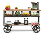 Retro Kitchen Island Wooden Iron Trolley Cart Bench with 4 Drawer Storage