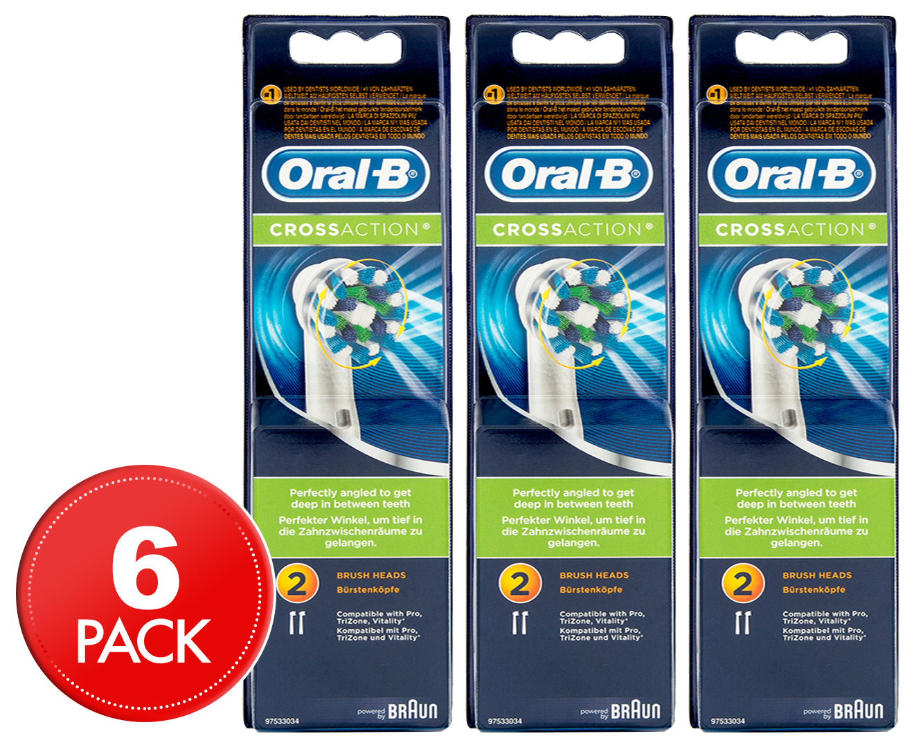 3 X Oral-B CrossAction Replacement Brush Heads 2pk | GroceryRun.com.au