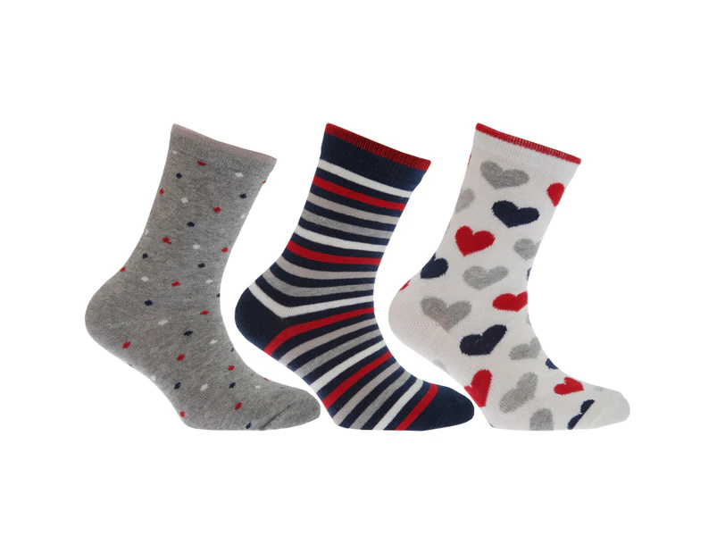 Girls Flower/Heart Pattern Socks (Pack Of 3) (Navy/White/Grey) - K185