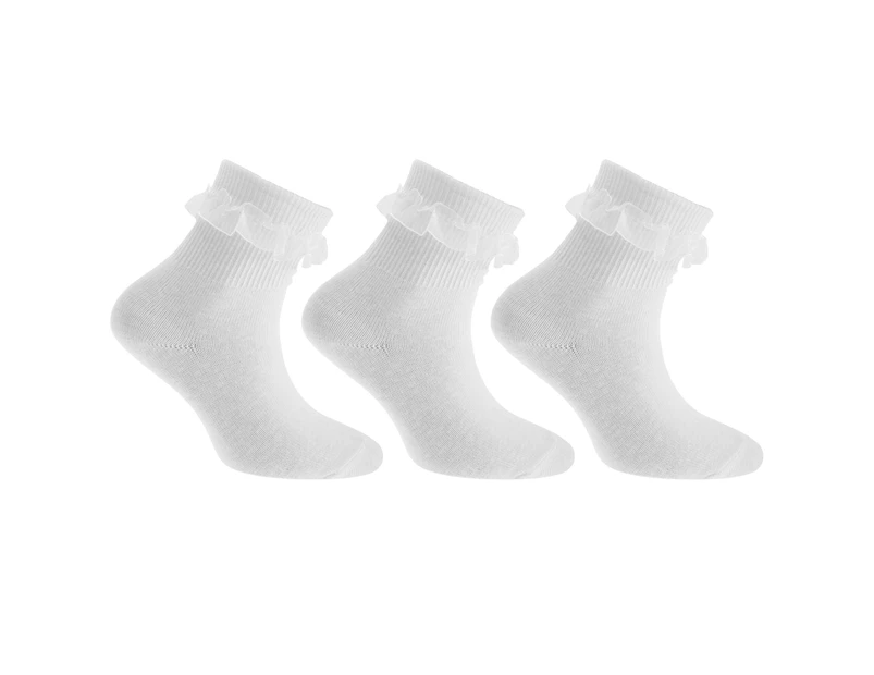 Cottonique Childrens Girls Plain Lace Top Socks (Pack Of 3) (White) - K333