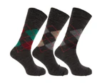Mens Traditional Argyle Pattern Non Elastic Lambs Wool Blend Socks (Pack Of 3) (Shades of Grey) - MB276