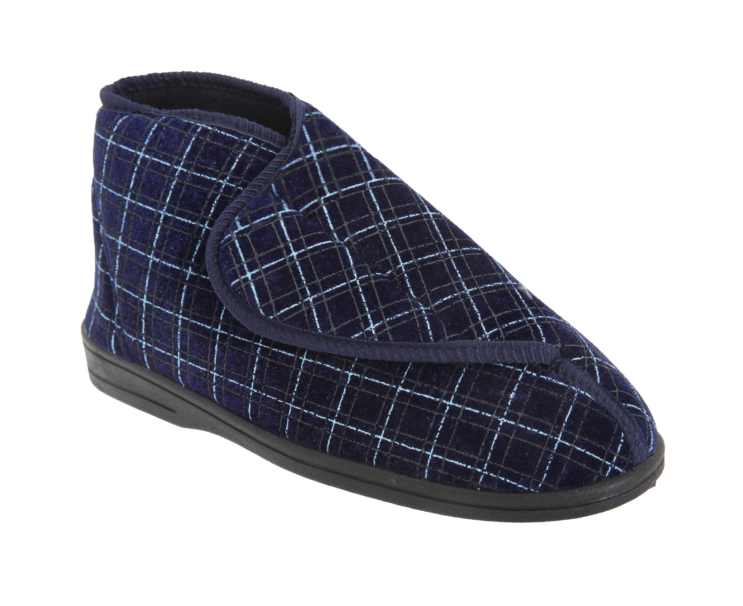 Zedzzz Mens Bertie Check Velour Touch Fastening Bootee Slippers (Navy Blue) - DF841