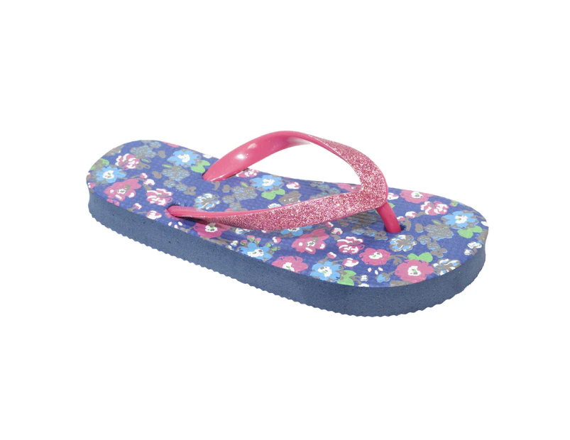 Floso Childrens/Girls Floral Toe Post Flip Flops With Glitter Strap (Navy) - FLIP244