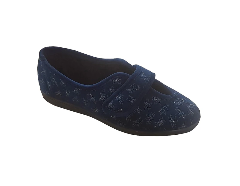 Sleepers Womens Ivy Floral V Throat Touch Fastening Slippers (Navy Blue) - DF542
