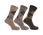 Mens Traditional Argyle Pattern Lambs Wool Blend Socks With Lycra (Pack Of 3) (Shades of Brown) - MB275